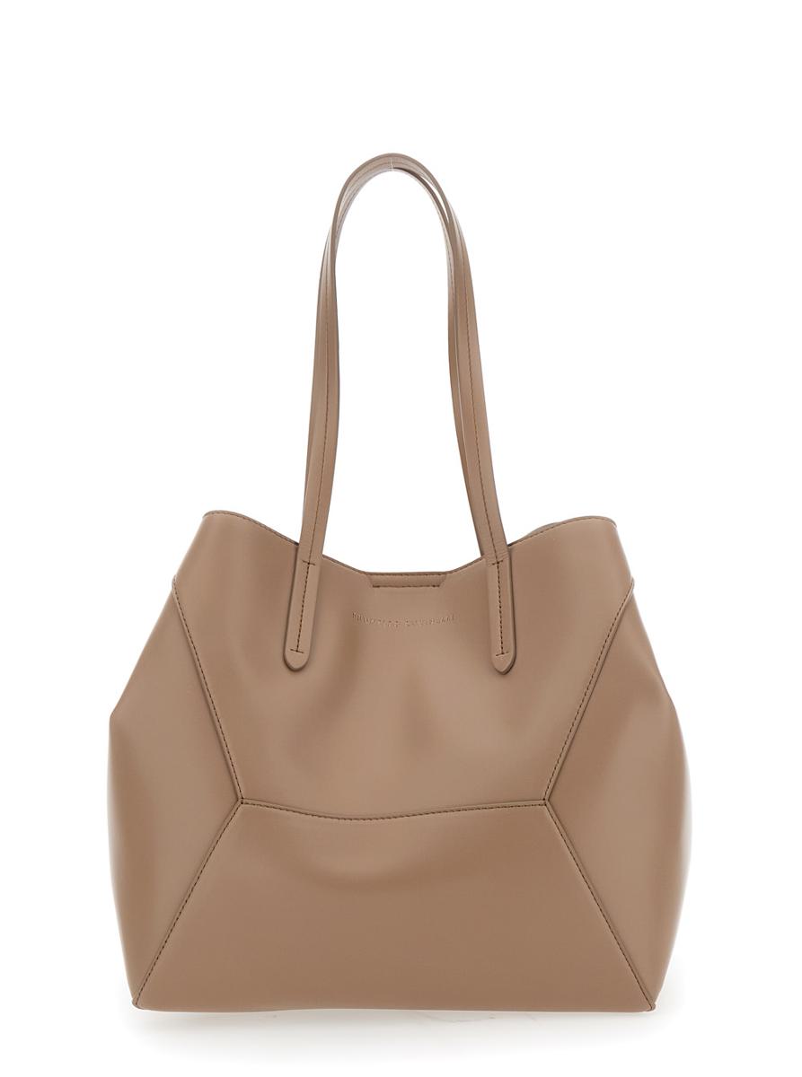 Beige Tote Bag With Logo Lettering On The Front And Geometric Panels Design In Leather Woman