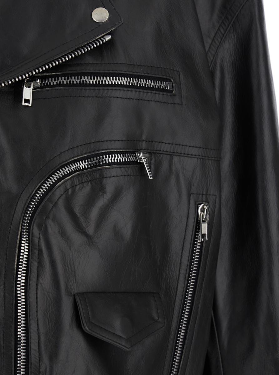 'Jumbo' Black Cropped Jacket With Notched Revers And Waist Belt In Leather Woman