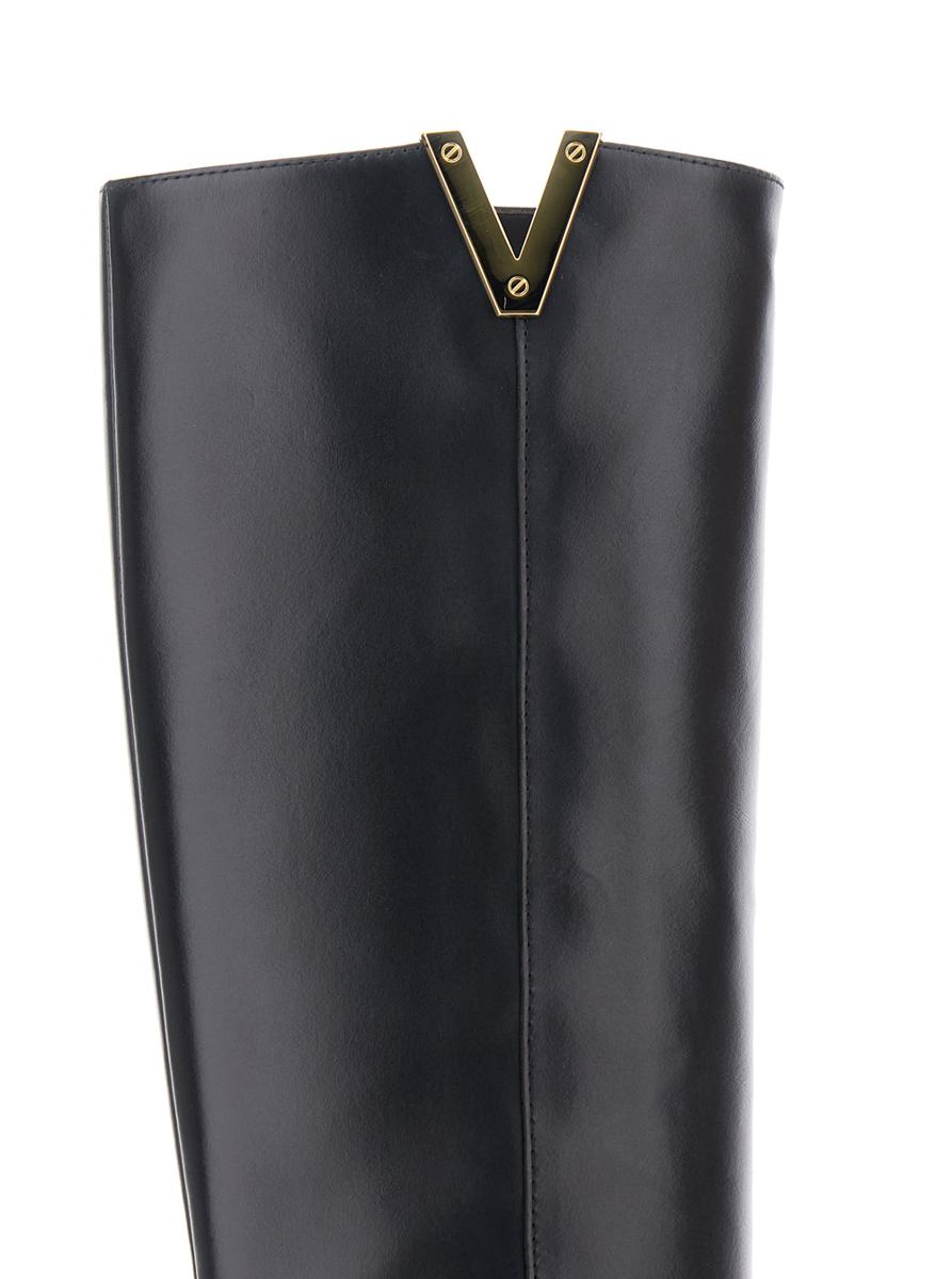 Black Knee-High Boots With Cut-Out On The Side And Logo Plaque In Leather Woman