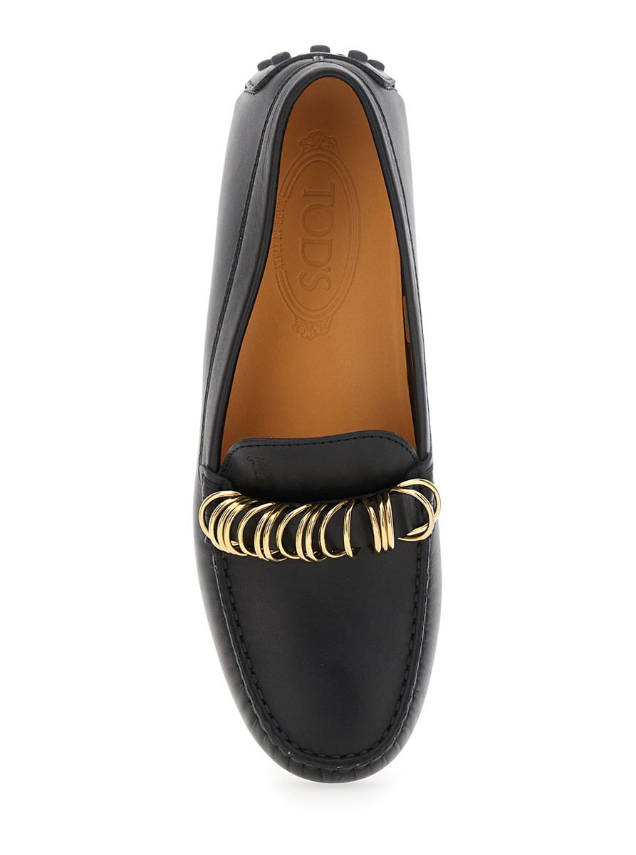 Black Loafers With Ring Detail On The Front And Rubber Sole In Leather Woman