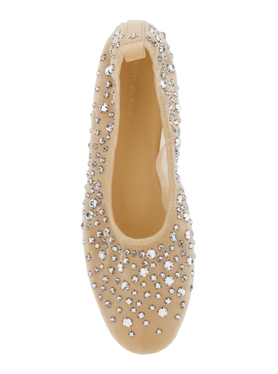 Beige Ballet Flats With All-Over Crystals Application In Tech Fabric Woman