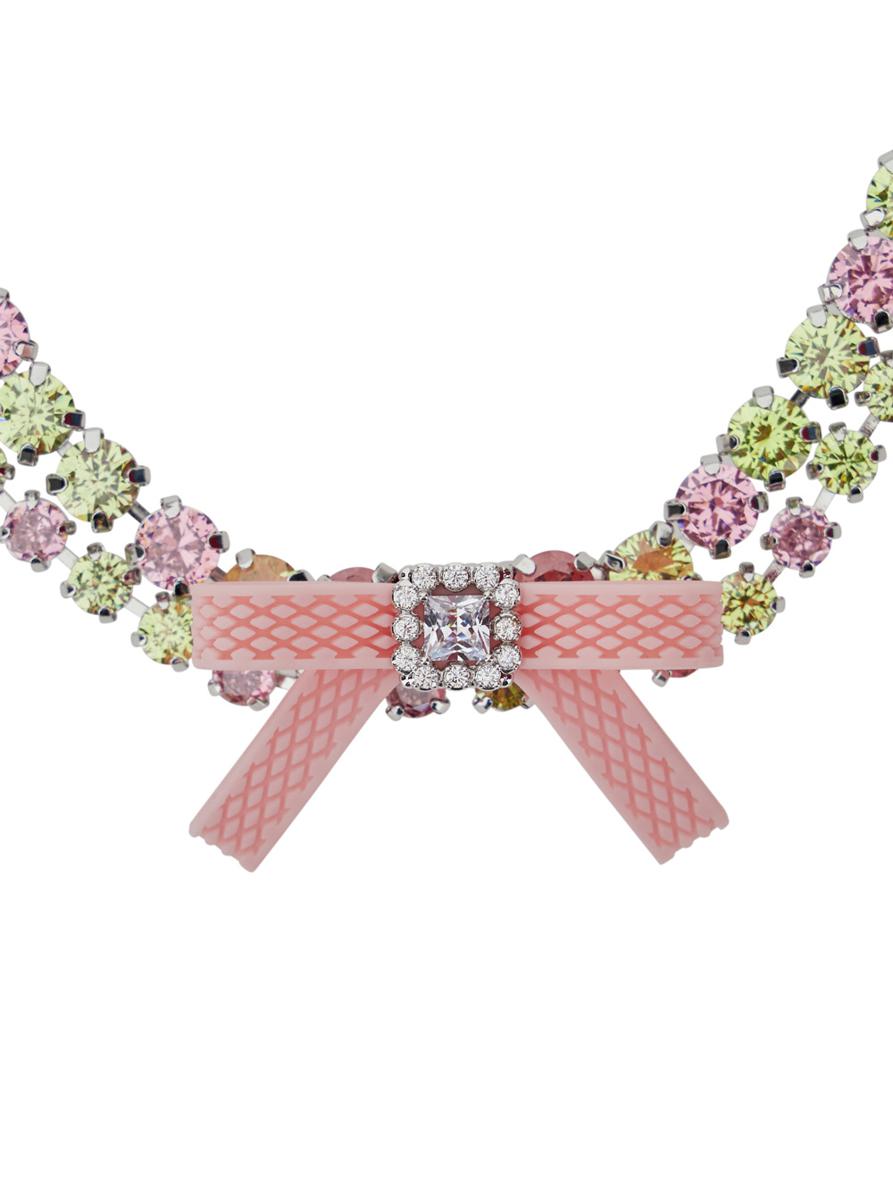 Pink Necklace With All-Over Gemstone Embellishments And Bow Detail In Silver And Gemstones Woman