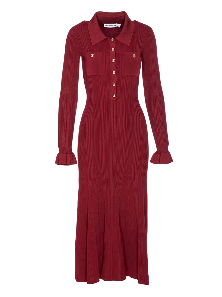 Self-Portrait Burgundy Ribbed Knit Midi Dress