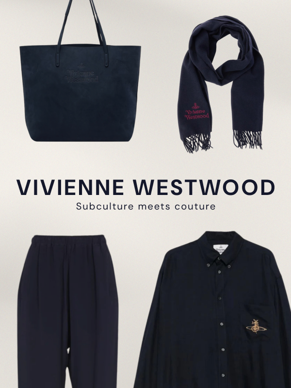 "Vivienne Westwood" collection showing four navy items: tote bag, fringed scarf, wide-leg trousers, and polo shirt with logo. Tagline: "Subculture meets couture."