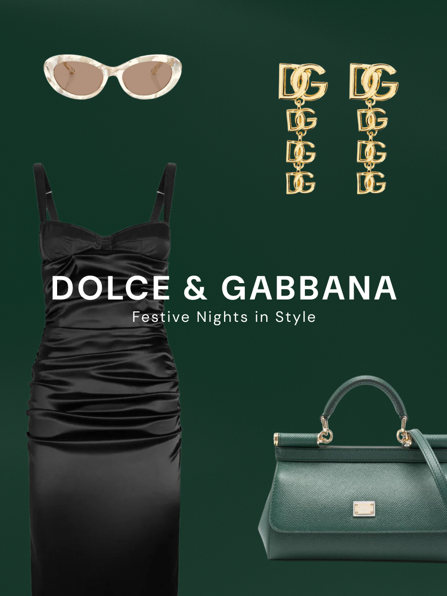 Dolce & Gabbana festive campaign on green background featuring cream-framed sunglasses, stacked gold DG logo earrings, black ruched sleeveless dress, and mint green handbag with gold handles