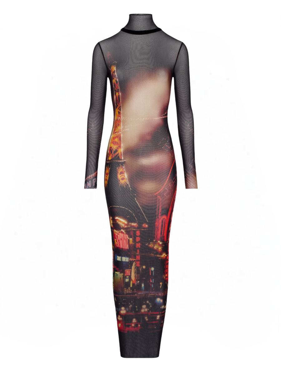 Jean Paul Gaultier Turtleneck Mesh Long Dress Printed "Pigalle" Clothing