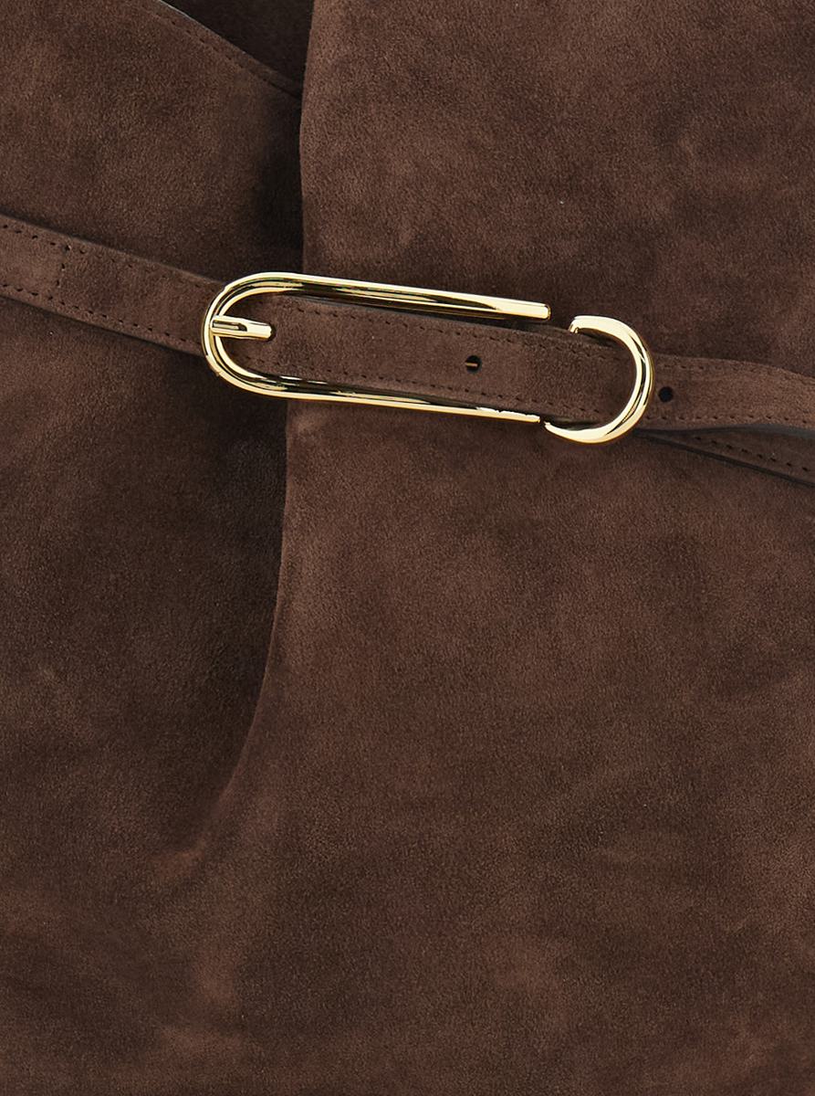 'Belted Bucket' Brown Crossbody Bag With Belt On The Front In Suede Woman