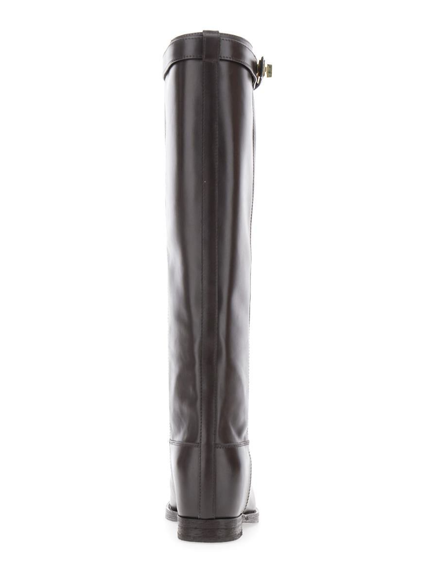 Dark Brown Boots With Padlock Detail And Low Block Heel In Leather Woman