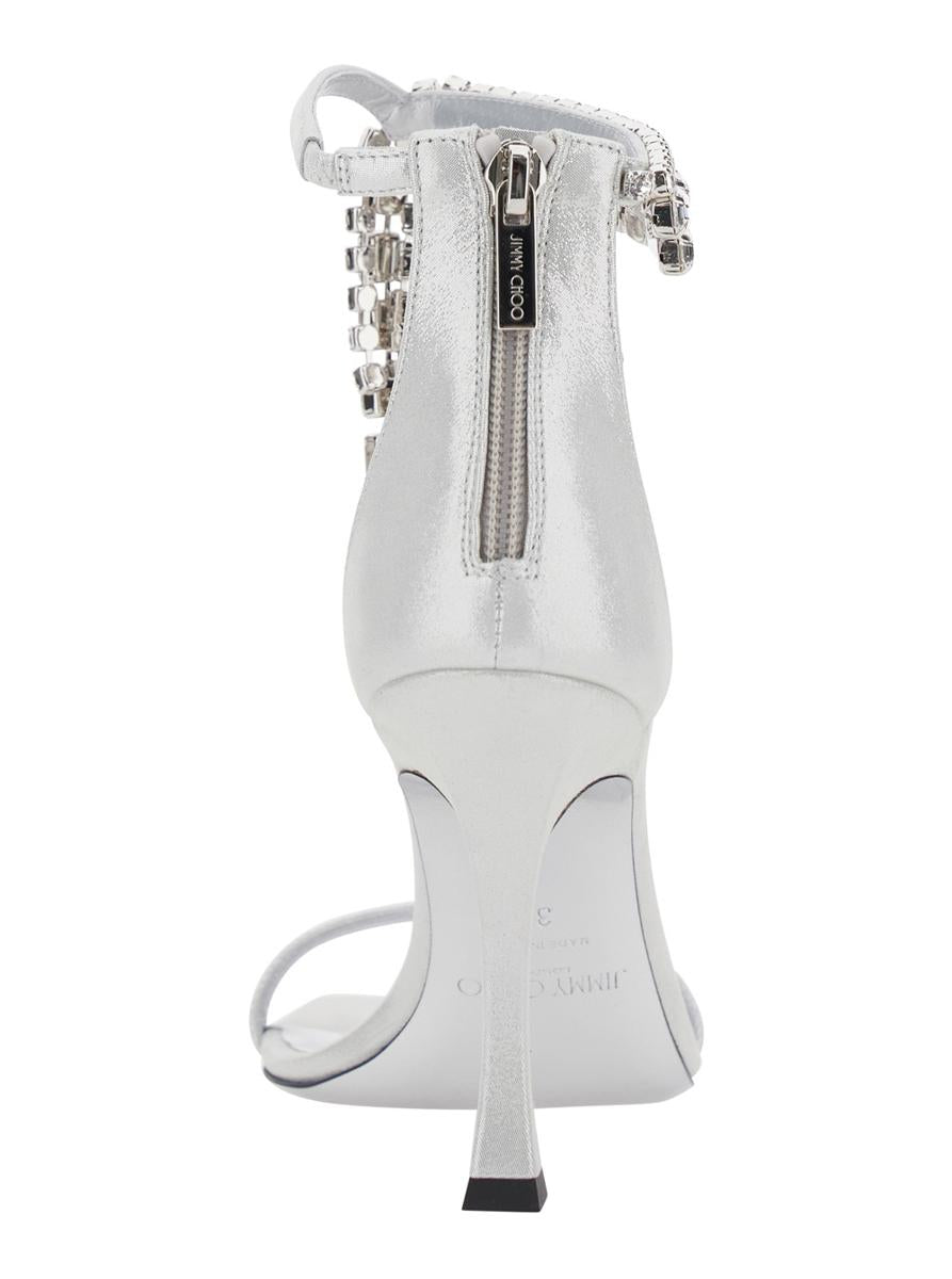 'Crystal' Metallic Sandals With Rhinestoned Ankle Strap And High Curved Heel In Leather Woman