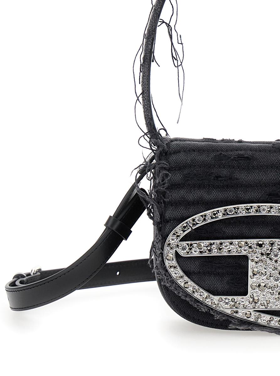 '1Dr' Black Shoulder Bag With Oval D Plaque With Rhinestones And Fringed Edges In Cotton And Leather Blend Woman