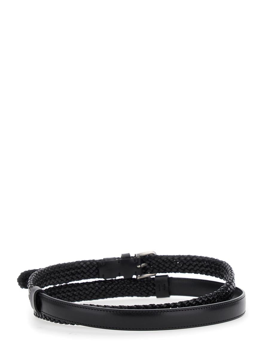 Black Belt With Buckle Closure And Interwoven Design In Leather Man