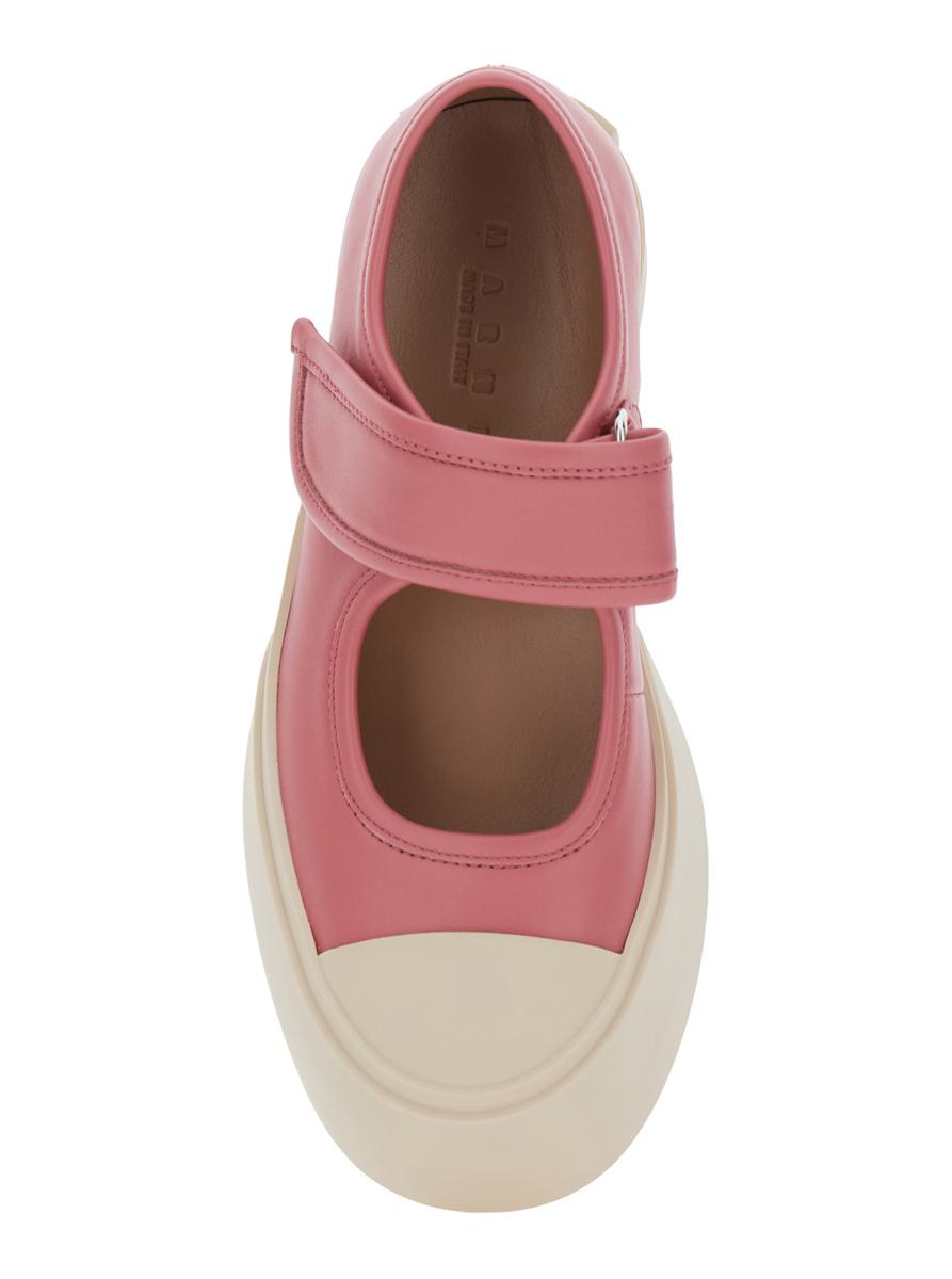 'Mary Jane' Pink Sandals With Touch-Strap Closure And Logo Patch On The Rear In Leather Woman