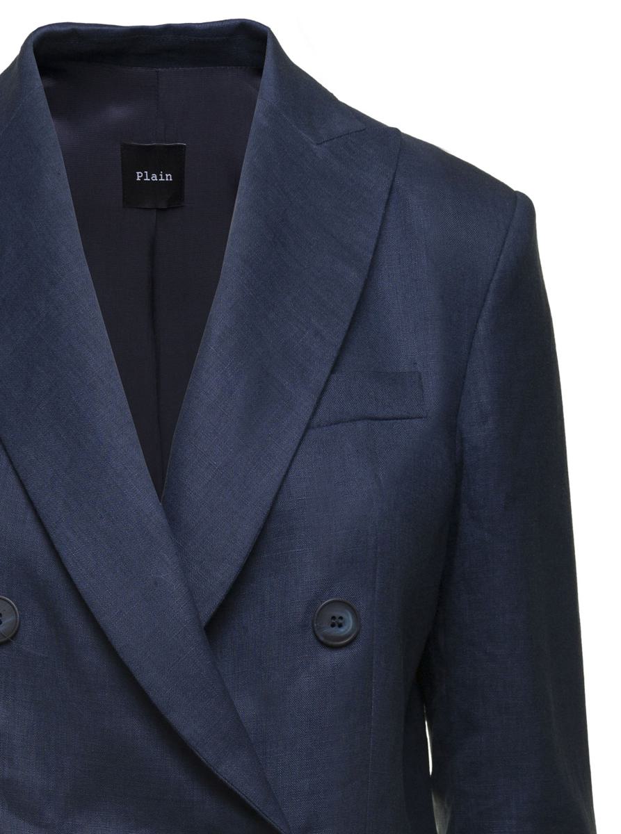 Blue Double-Breasted Jacket In Linen Woman