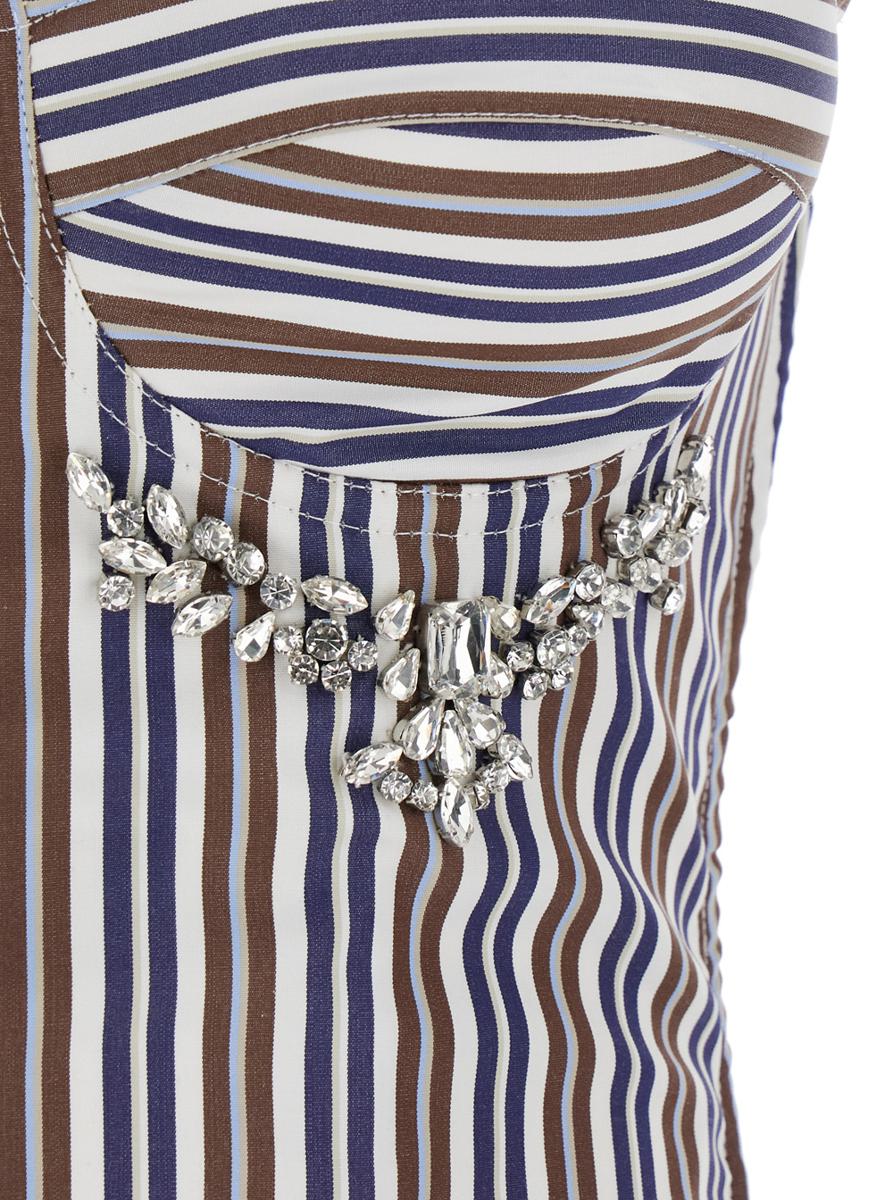 Multicolor Bustier Style Top With Front Crystal Embellishments And All-Over Striped Motif In Cotton Woman