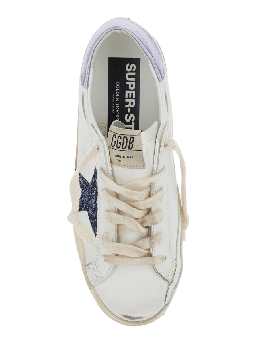 'Superstar' White Low Top Sneakers With Glittered Star Patch And Laminated Heel With Logo Lettering In Leather Woman