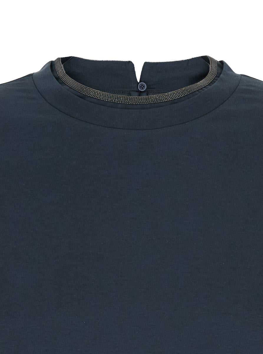 Blue Crewneck T-Shirt With Monil Detail On The Collar And Rear Cut-Out In Cotton Stretch Woman