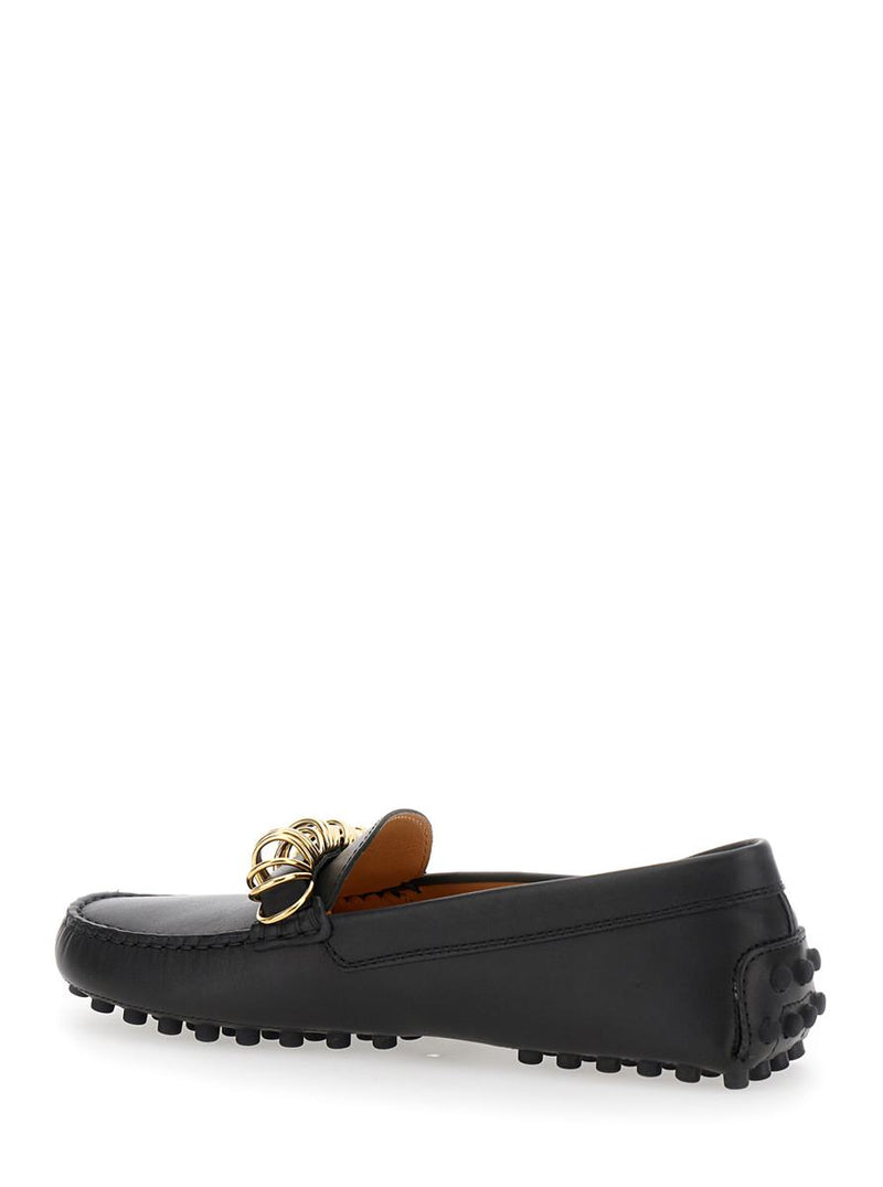 Black Loafers With Ring Detail On The Front And Rubber Sole In Leather Woman