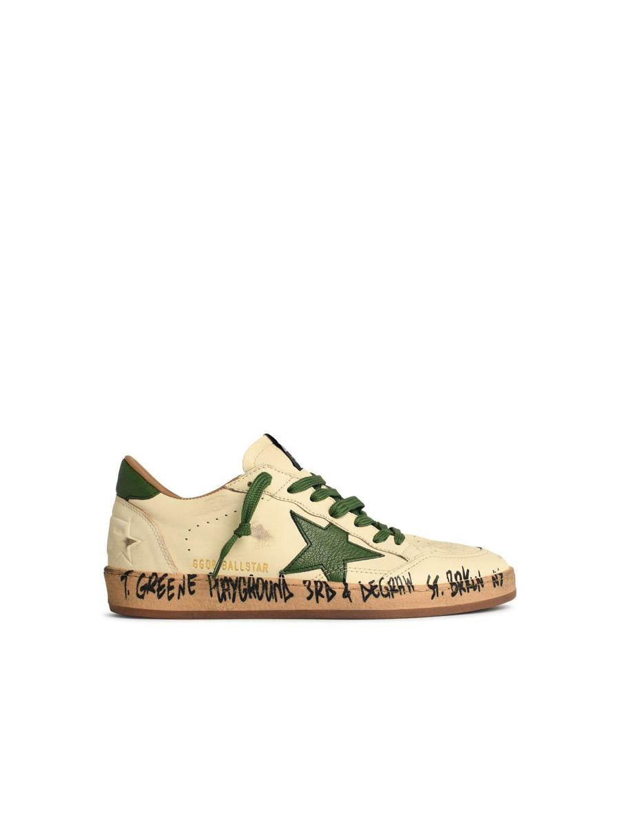 Golden Goose 'Ball-Star' White Nappa Leather Sneakers With Green Star And Heel