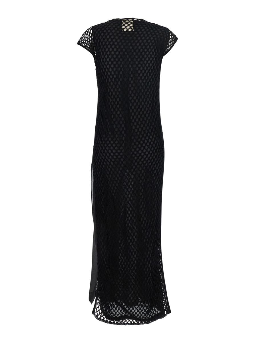 Black Crewneck Long Dress With Fishnet Design And Matching Underdress In Cotton Woman