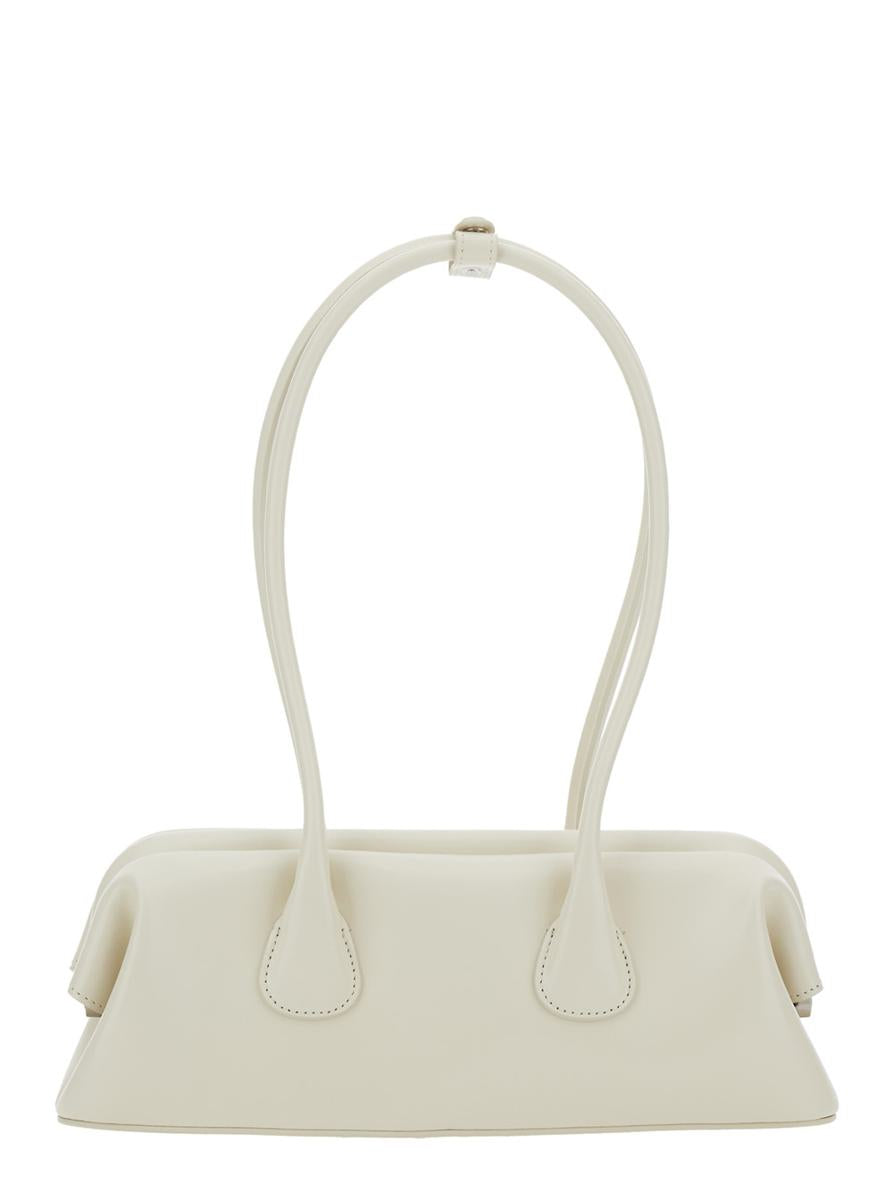 'Boat Wide Mini' White Shoulder Bag With Round Handles And Logo Lettering On The Front In Leather Woman