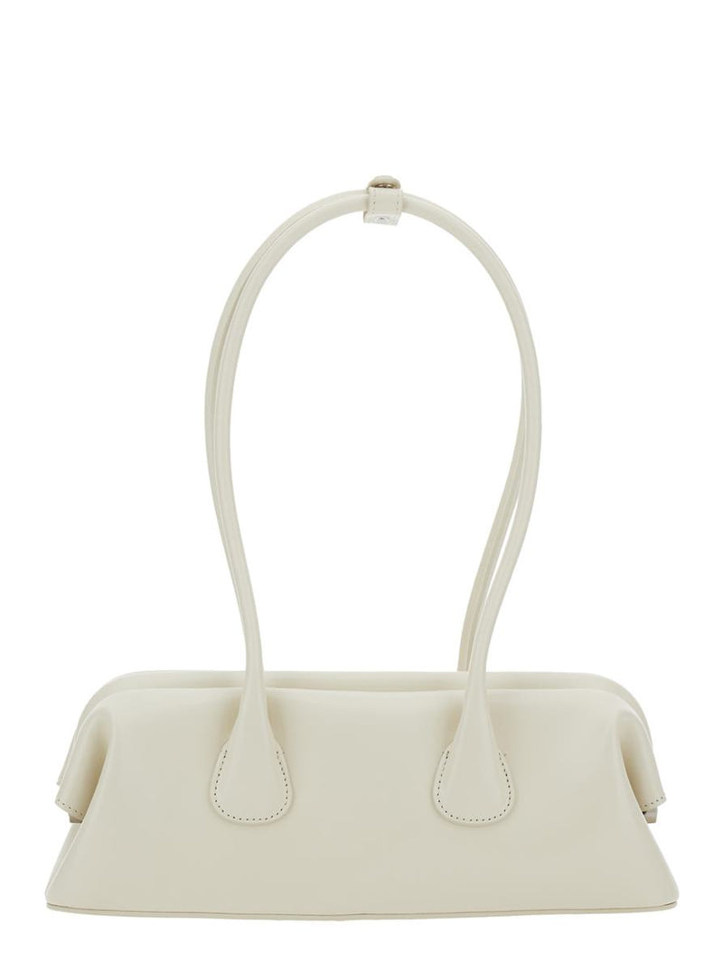 'Boat Wide Mini' White Shoulder Bag With Round Handles And Logo Lettering On The Front In Leather Woman