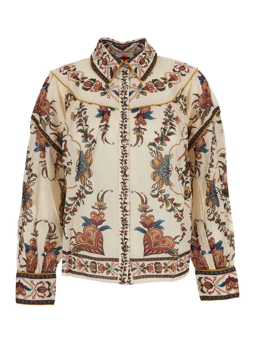Multicolor Blouse With Classic Collar And All-Over Floral Pattern In Fabric Woman