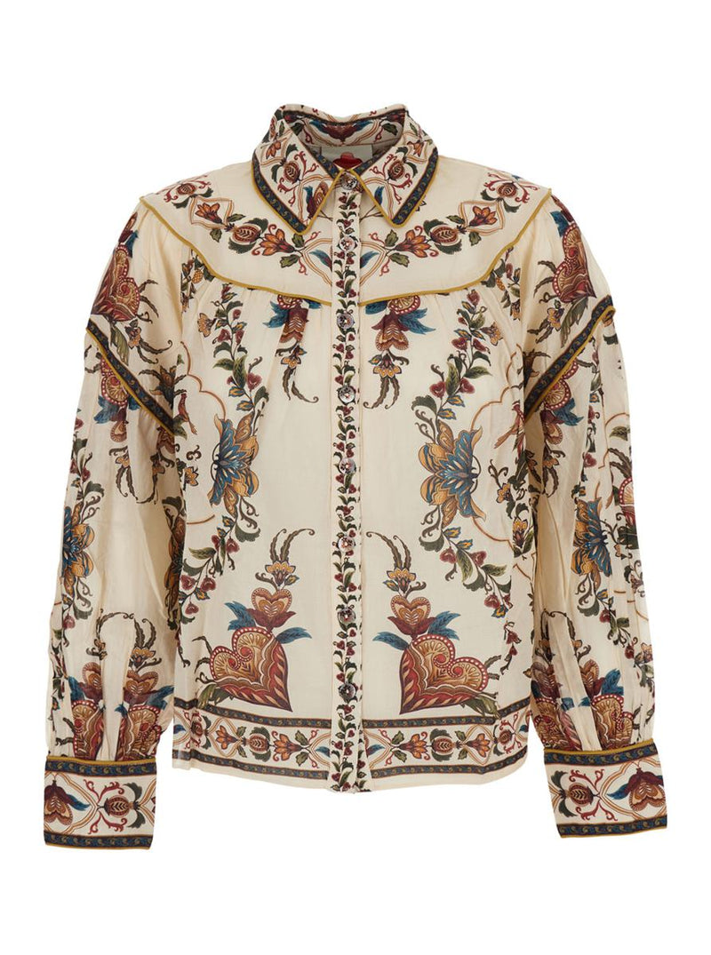 Multicolor Blouse With Classic Collar And All-Over Floral Pattern In Fabric Woman