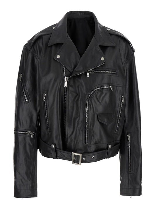 'Jumbo' Black Cropped Jacket With Notched Revers And Waist Belt In Leather Woman