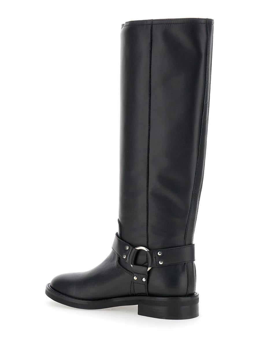 Black V-Detailed Knee Boots In Leather Woman
