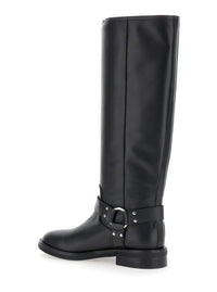 Black V-Detailed Knee Boots In Leather Woman