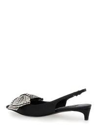 Black Slingback Pumps With Rhinestone Bow Detail In Silk Blend Woman