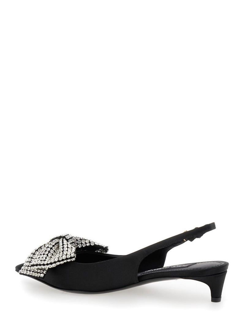 Black Slingback Pumps With Rhinestone Bow Detail In Silk Blend Woman