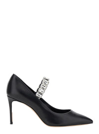 Black Pumps With Crystal Embellished Strap And High Stiletto Heel In Leather Woman