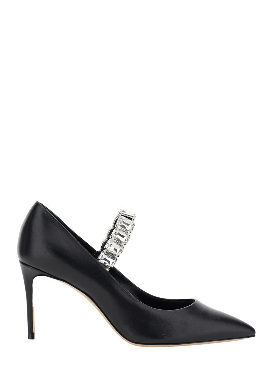 Black Pumps With Crystal Embellished Strap And High Stiletto Heel In Leather Woman