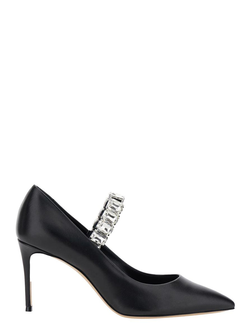 Black Pumps With Crystal Embellished Strap And High Stiletto Heel In Leather Woman