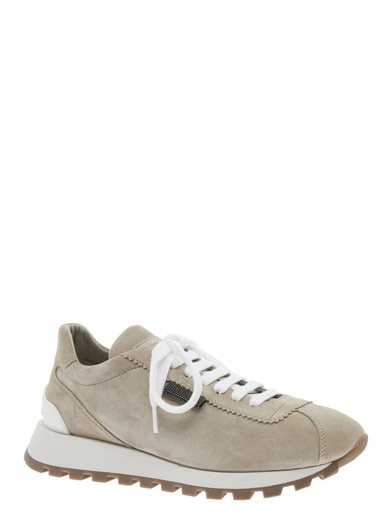 Beige Low Top Sneakers With Monil Detail On The Side And Embossed Logo Lettering On The Rear In Leather Woman