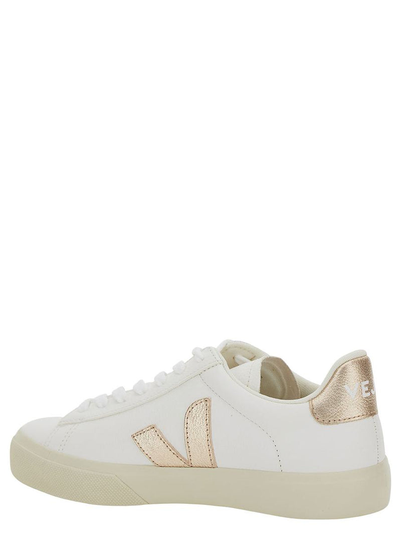 'Campo' White Low Top Sneakers With Metallic Logo In Leather Unisex