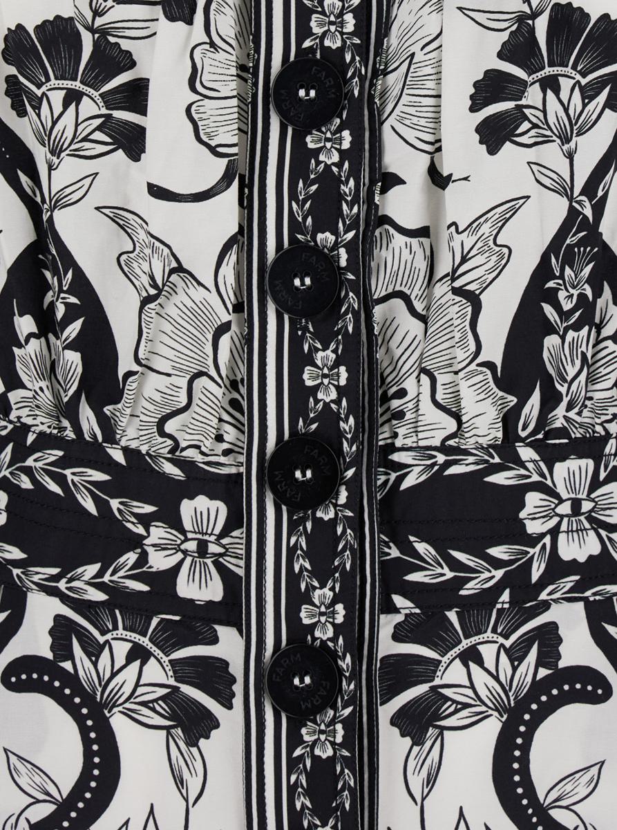 Black And White Long Dress With High Neck And All-Over Floral Print In Cotton Woman