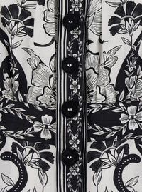 Black And White Long Dress With High Neck And All-Over Floral Print In Cotton Woman