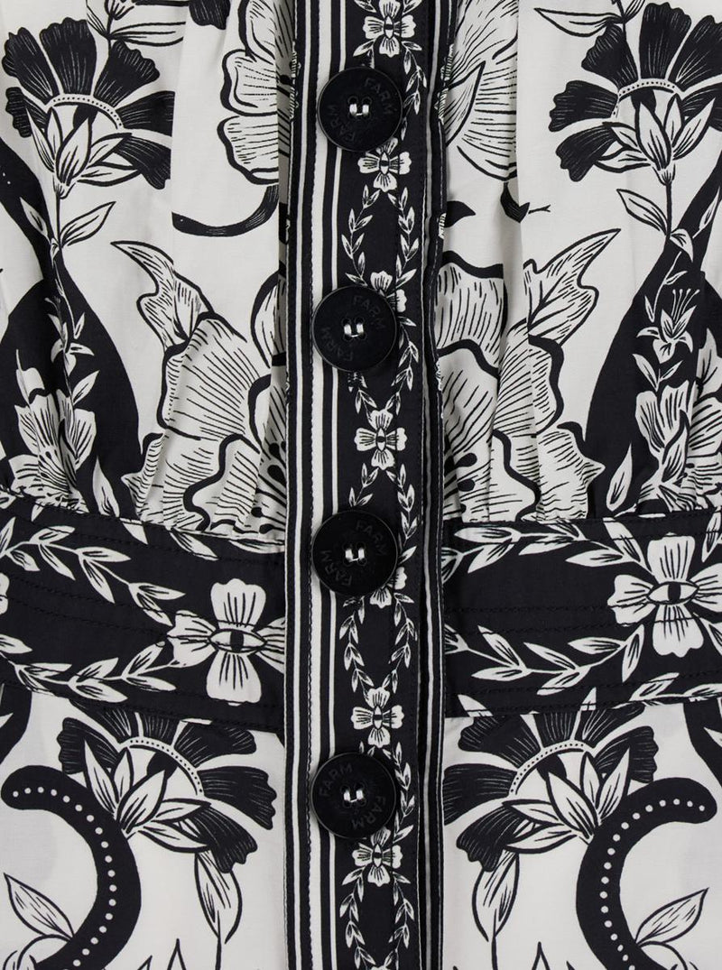 Black And White Long Dress With High Neck And All-Over Floral Print In Cotton Woman