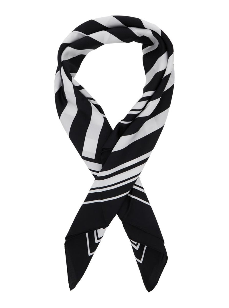 Black And White Square Scarf With Logo Lettering On The Front And All-Over Striped Motif In Silk Man