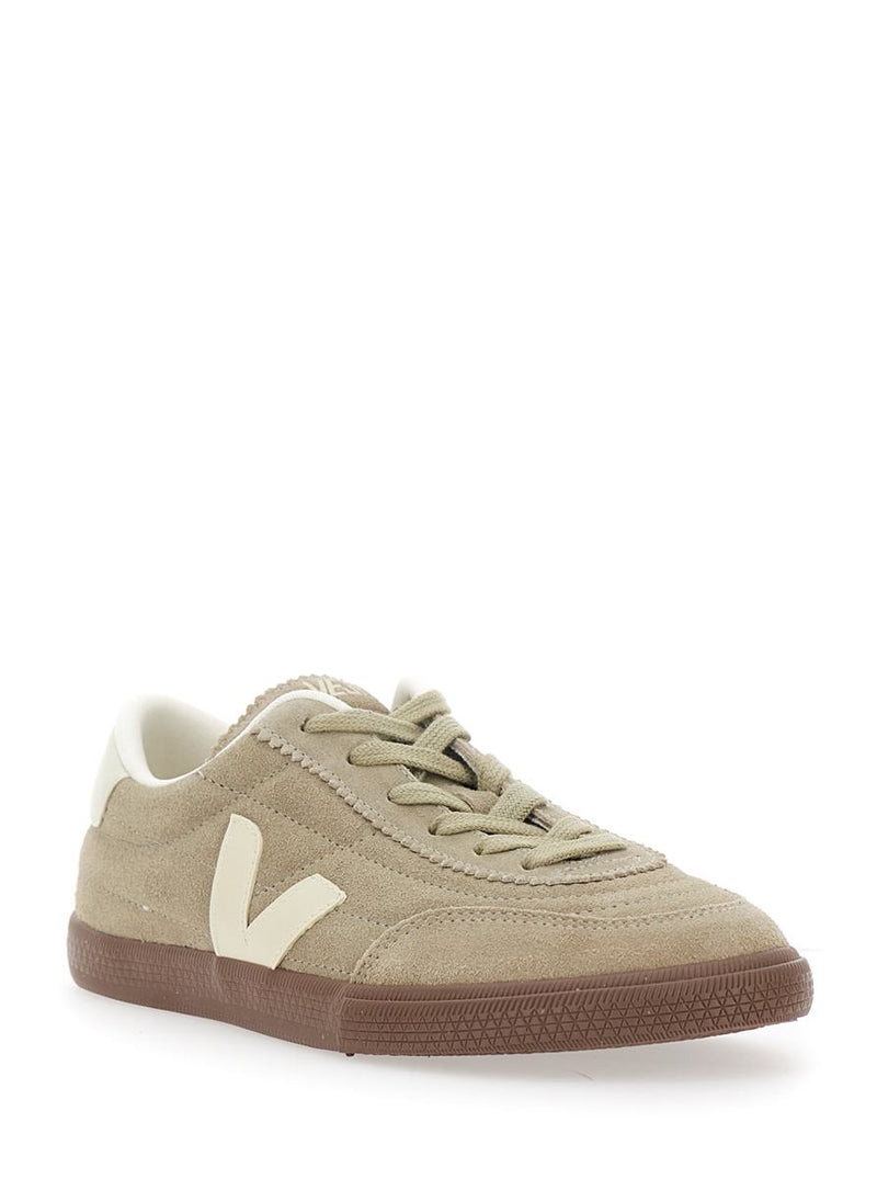 'Panenka' Beige Low Top Sneakers With Logo Patch On The Side And Contrasting Heel With Logo Lettering In Leather Unisex