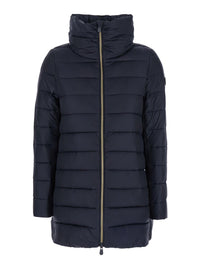 'Lydia' Blue Down Jacket With High Neck And Logo Patch On The Sleeve In Tech Fabric Woman
