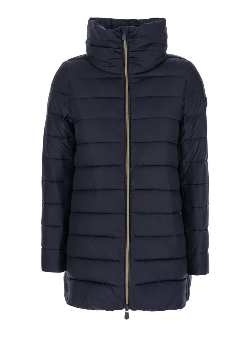 'Lydia' Blue Down Jacket With High Neck And Logo Patch On The Sleeve In Tech Fabric Woman