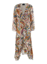 Multicolor Long Dress With V Neck And All-Over Paisley Motif In Silk Woman
