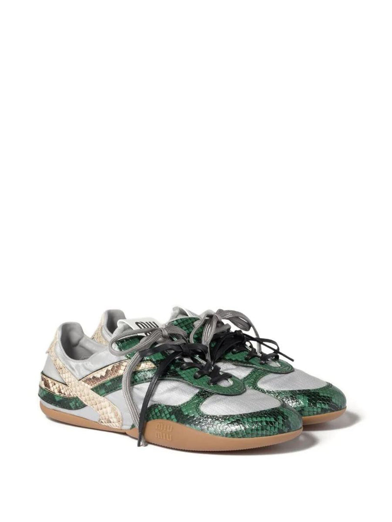 Miu Miu Gymnasium Technical Fabric And Python-Print Ayers Leather Sneakers Shoes