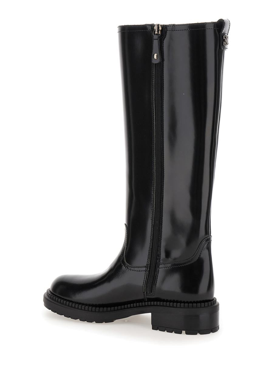 Black Boots With Wide Heel And Zip Closure In Leather Woman
