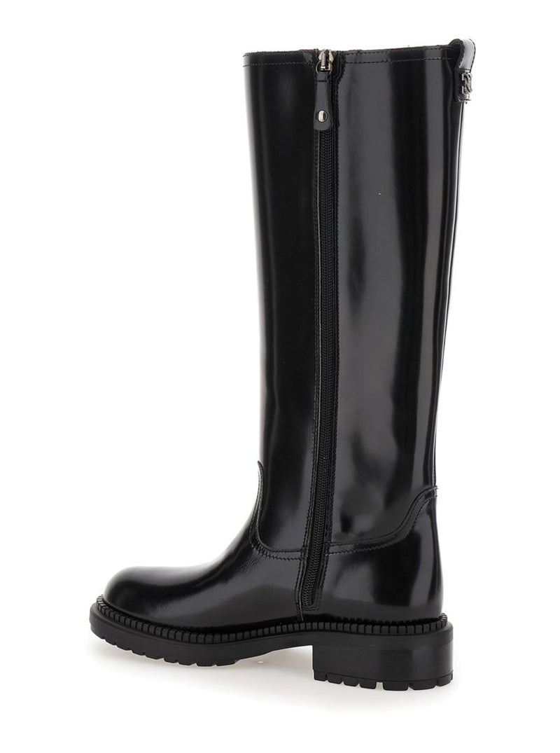 Black Boots With Wide Heel And Zip Closure In Leather Woman