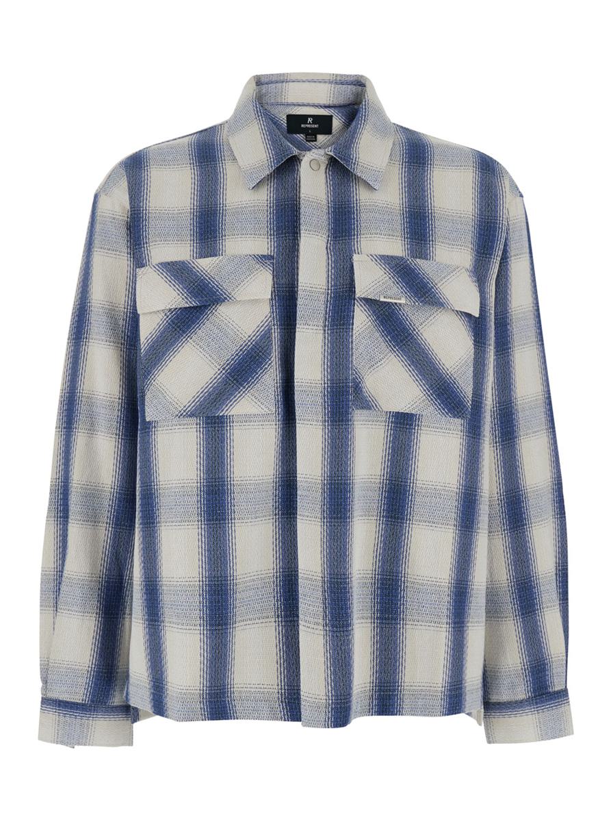 Blue Shirt With Classic Collar And All-Over Check Motif In Cotton Blend Man
