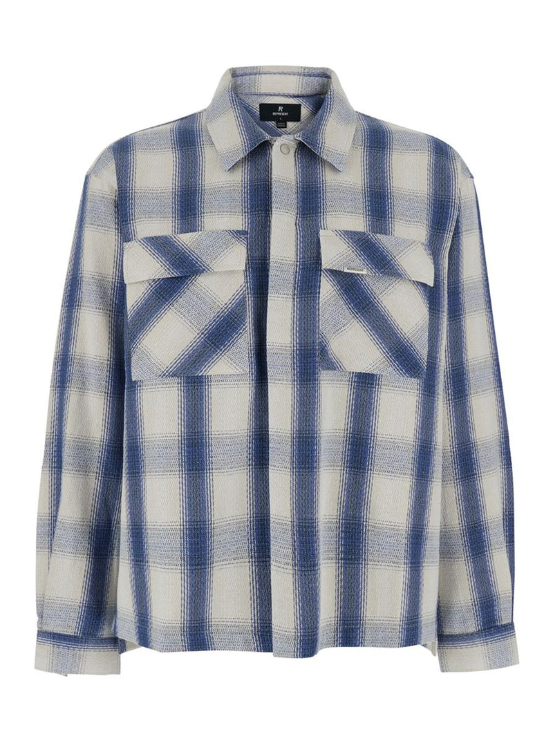 Blue Shirt With Classic Collar And All-Over Check Motif In Cotton Blend Man